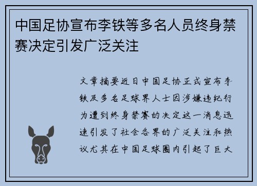 中国足协宣布李铁等多名人员终身禁赛决定引发广泛关注 中国足协宣布李铁等多名人员终身禁赛决定引发广泛关注
