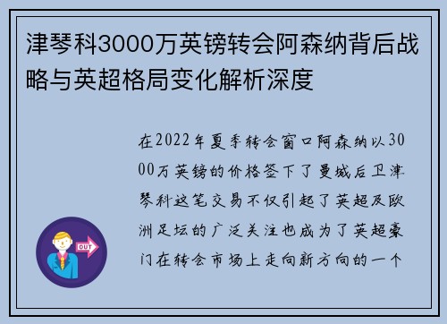 津琴科3000万英镑转会阿森纳背后战略与英超格局变化解析深度